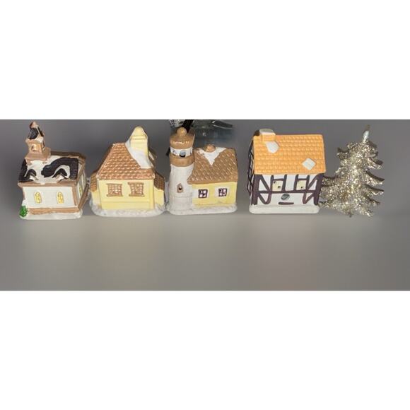 VTG Christmas Village Houses & Tree Approx 4.5”ea W Holes 4 Lights - Picture 3 of 13